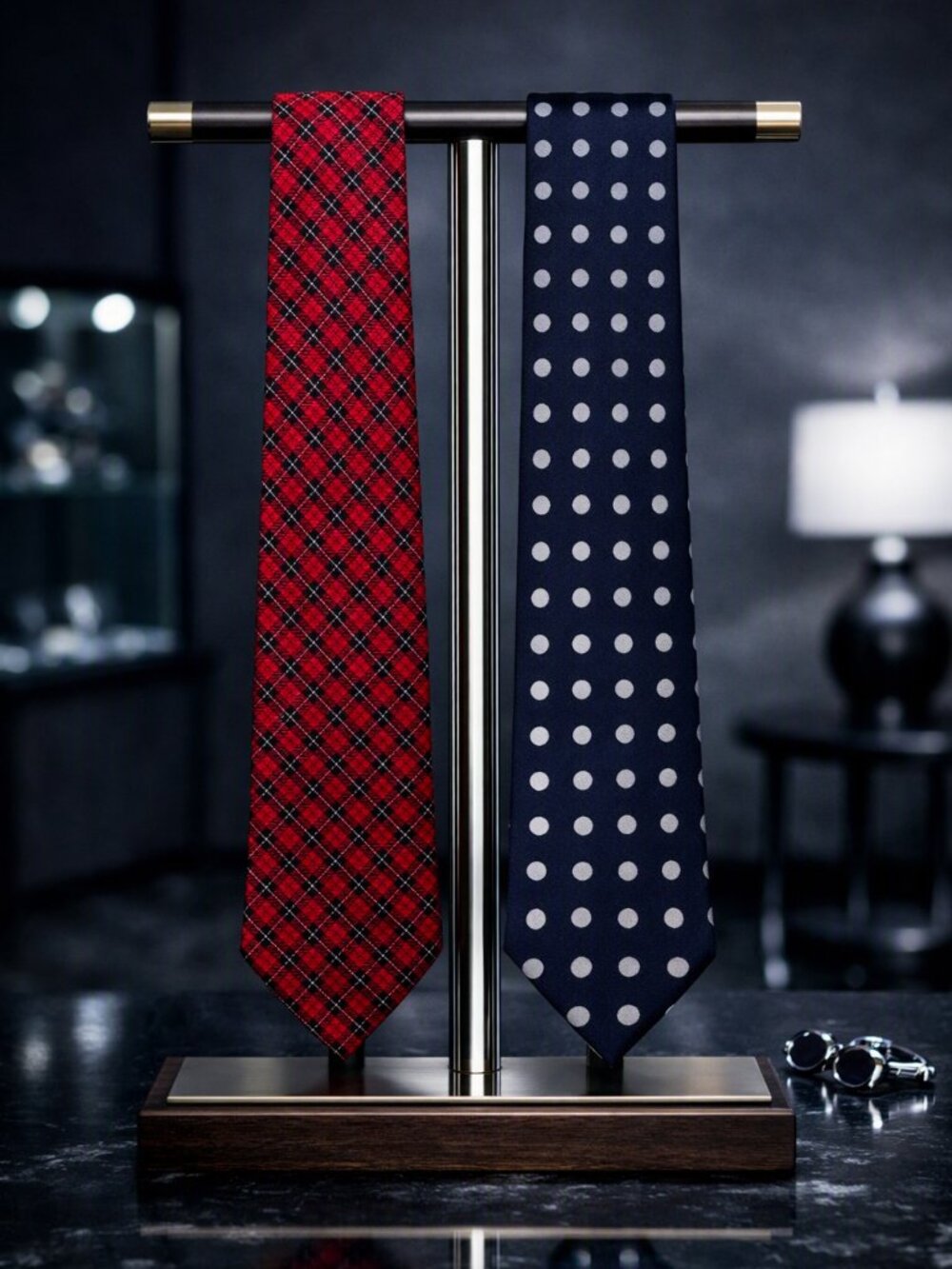 Tommy Hilfiger Men’s Ties – Classic Red Plaid & Navy Polka Dot
